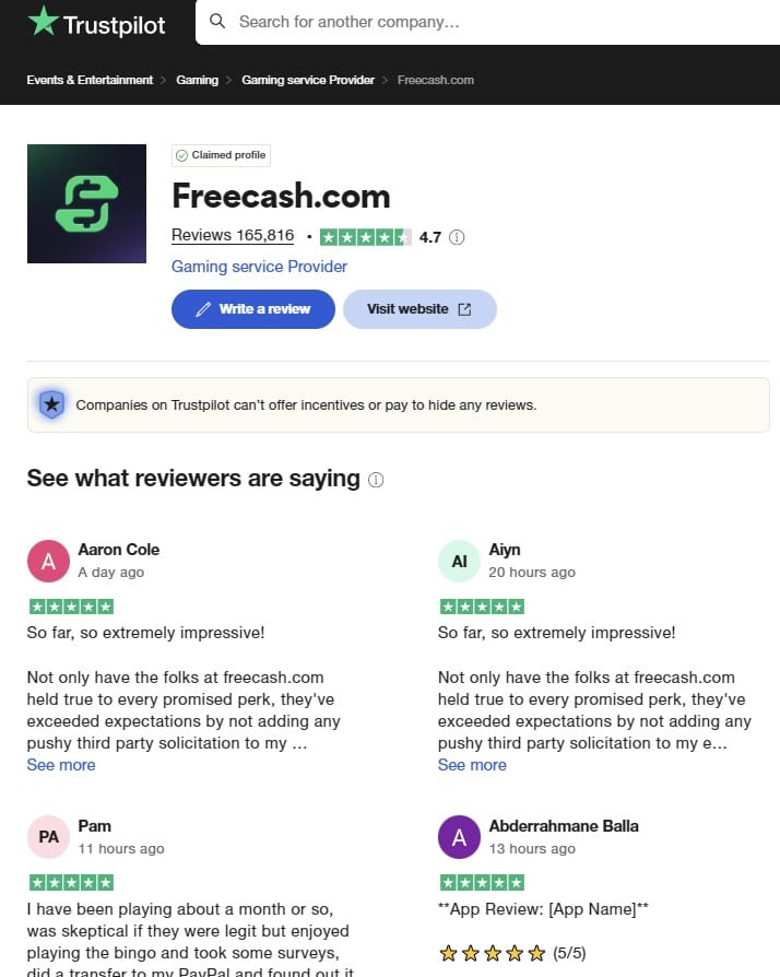 FreeCash Trustpilot
